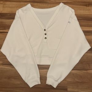 Alo Yoga Micro Waffle Pleasant Cropped Henley Sweatshirt Ivory
